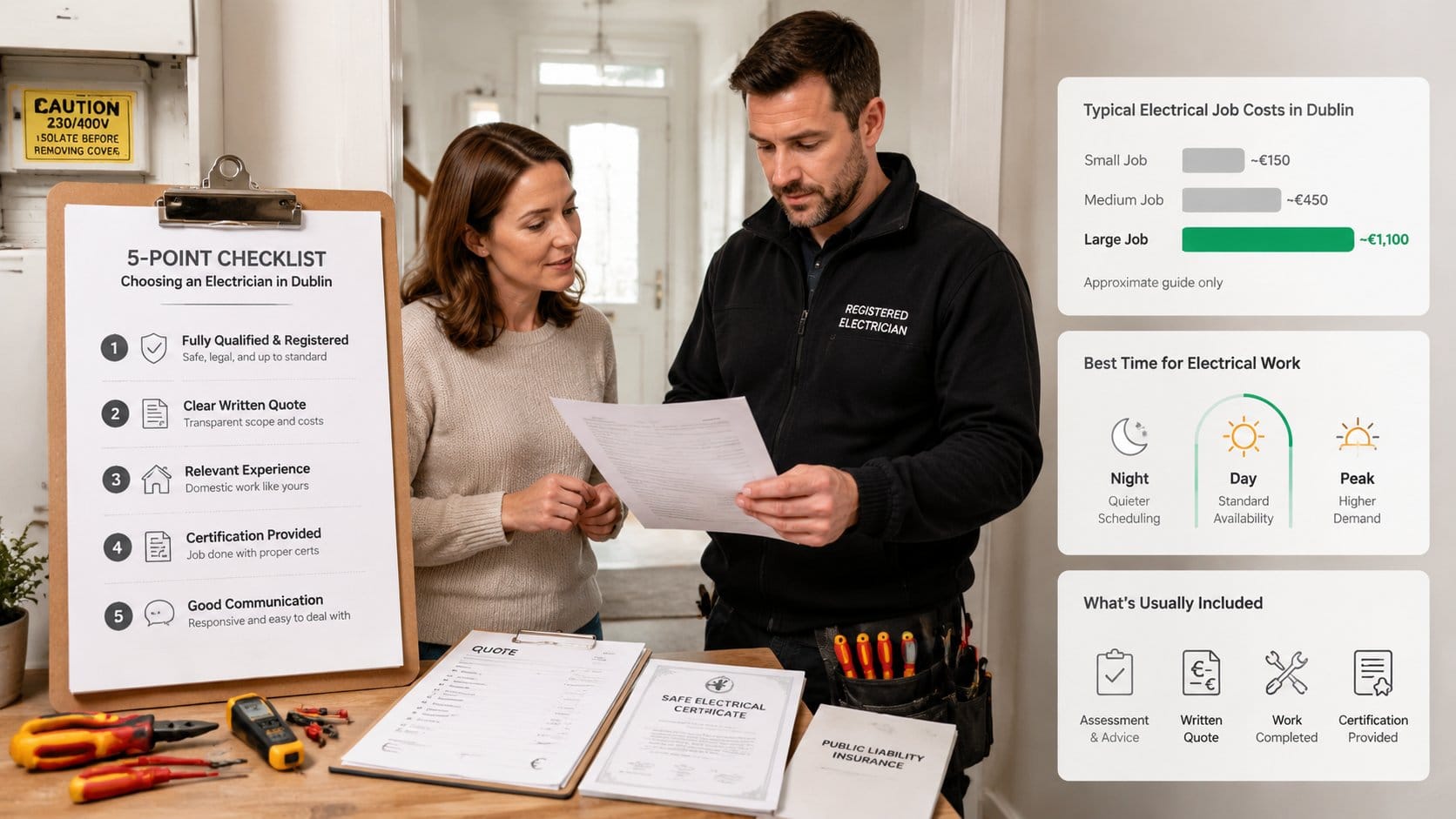 A practical homeowner hiring checklist scene for choosing an electrician in Dublin, showing a clipboard with five clear