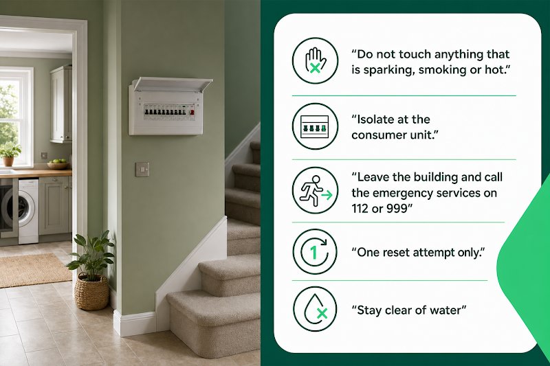 Infographic showing the first safety steps to take before an electrician arrives.