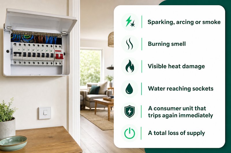 Infographic explaining which electrical faults count as a true emergency in a home.