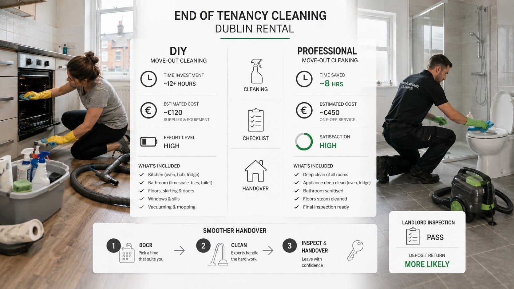 A clear comparison graphic for end of tenancy cleaning, showing side by side DIY move-out cleaning versus hiring a profe