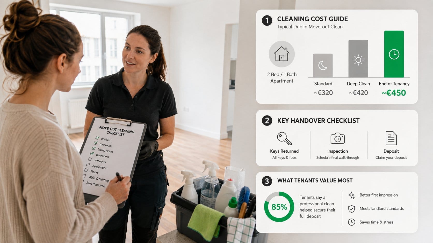 A practical checklist scene for choosing and briefing an end of tenancy cleaning service in Dublin, showing a tenant rev