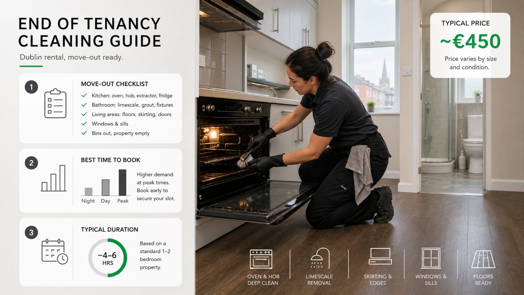 A clear visual guide to end of tenancy cleaning in a Dublin rental property, showing an empty apartment with key cleanin