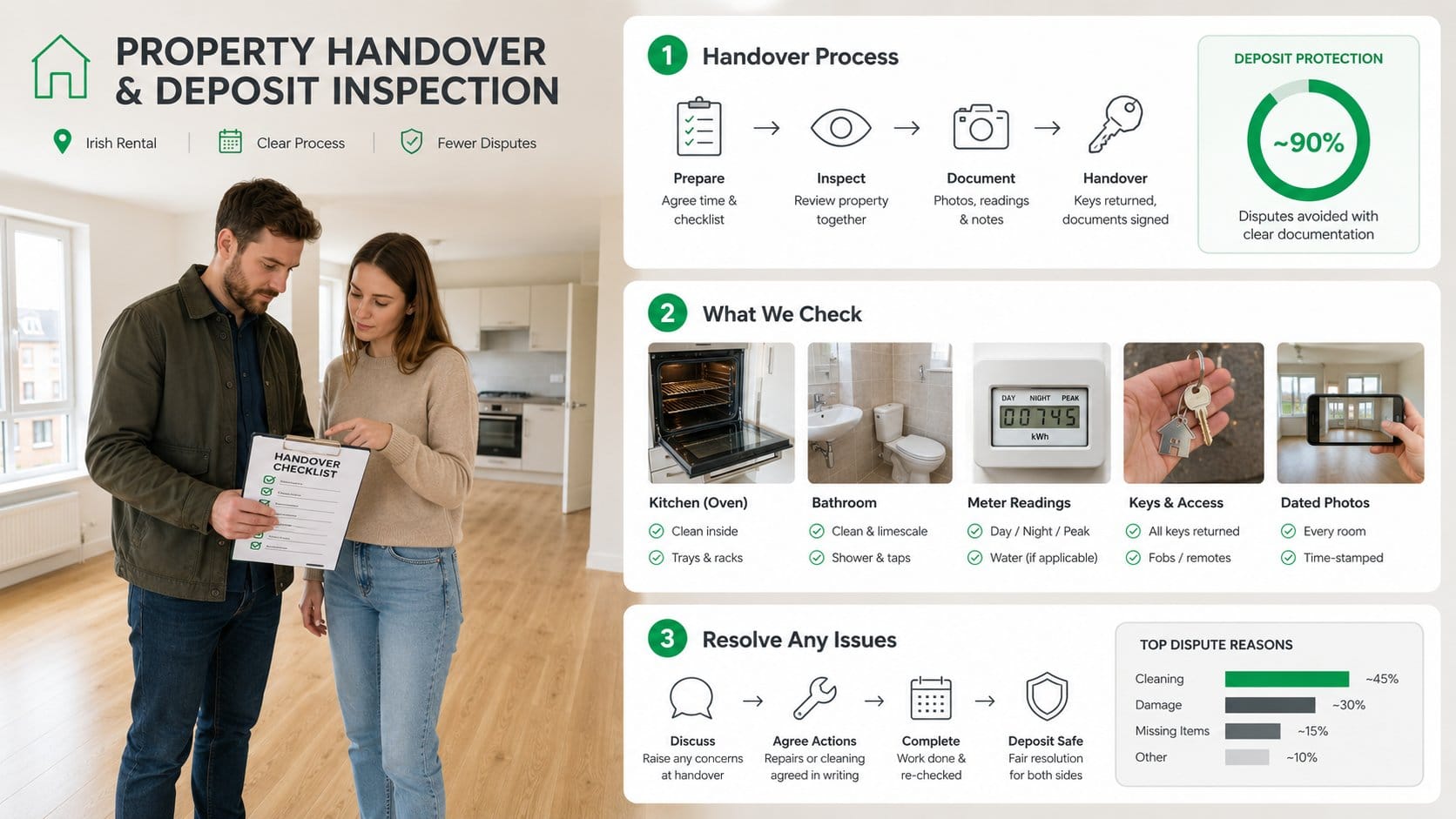 A clear step by step property handover and deposit inspection infographic for an Irish rental, showing an empty clean ap