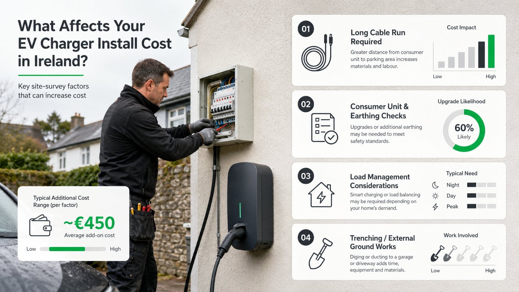 An infographic for an Irish home EV charger installation article, showing four common site-survey factors that increase