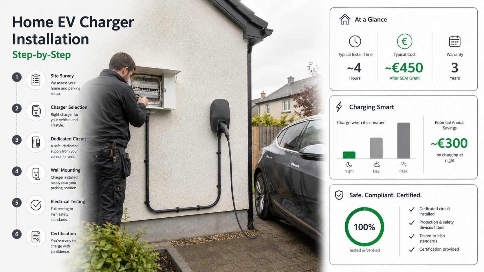 A clear residential EV charger installation infographic for an Irish home, showing the main stages of the job: site surv