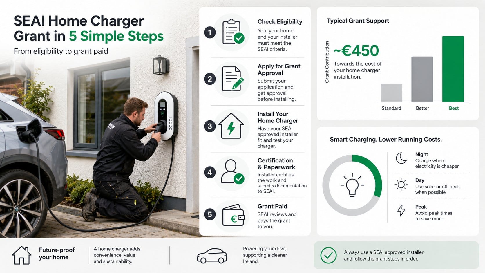 A five-step infographic for an Irish home EV charger installation article, showing the SEAI home charger grant process f