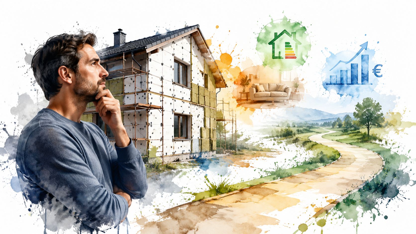 A man contemplates home exterior renovation with insulation, energy efficiency ratings, and rising property value concepts.