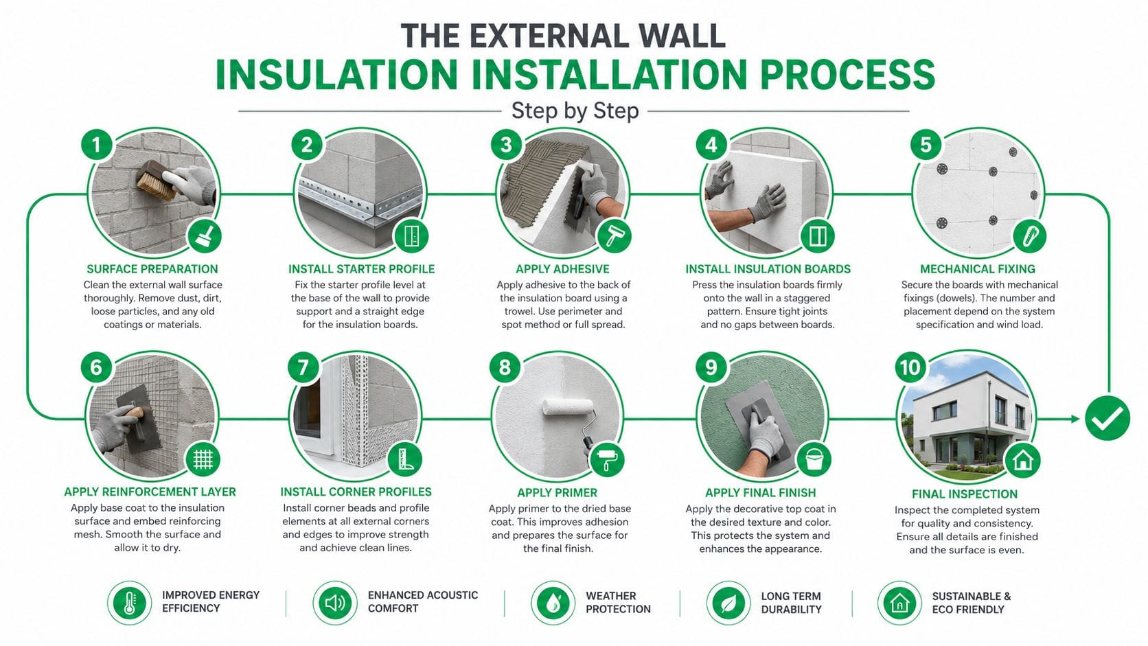 A 10-step infographic illustrating the professional process of installing external wall insulation on a building facade.
