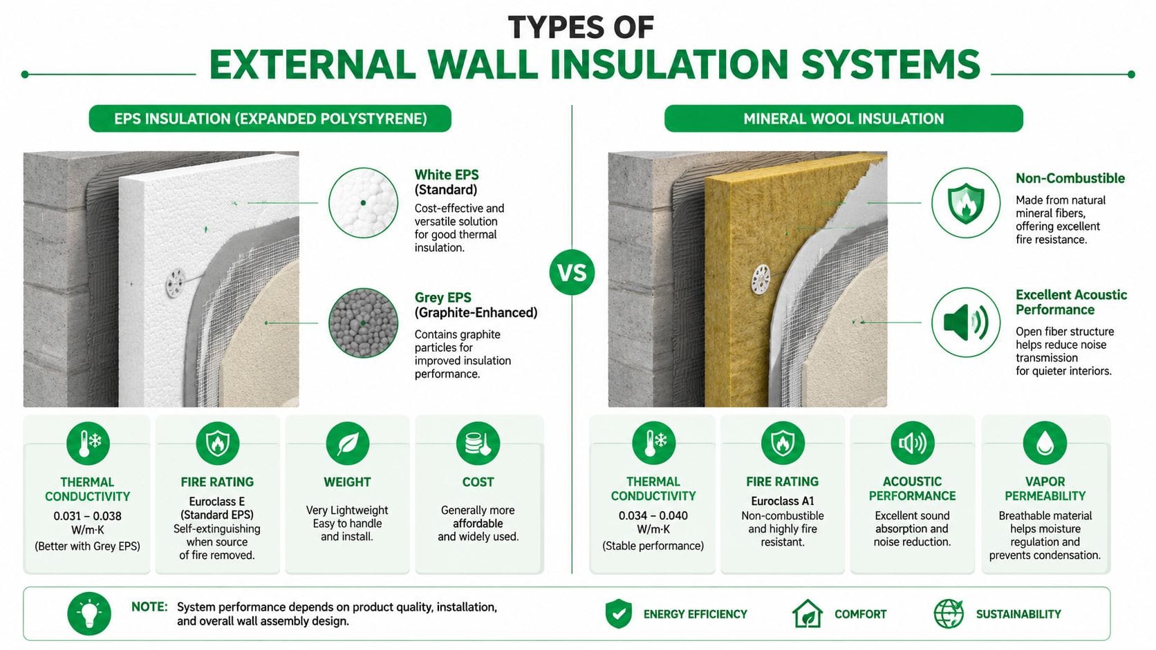 A comparative infographic detailing the differences between EPS and mineral wool external wall insulation systems.