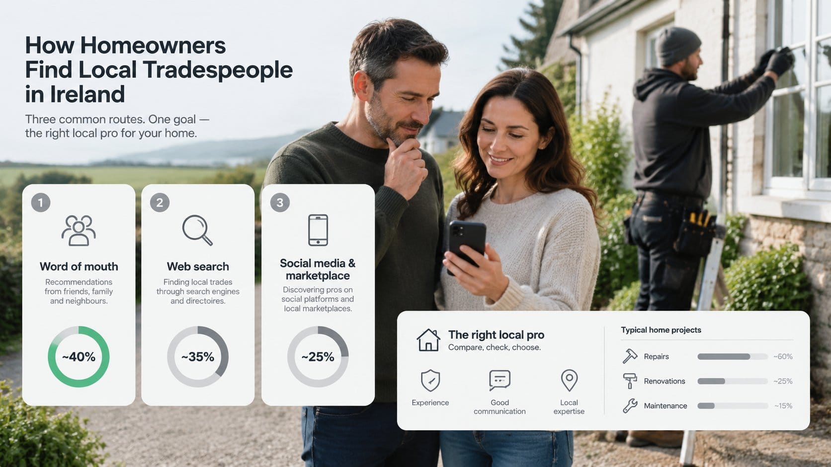 An infographic for a home services article showing the three main ways homeowners find local tradespeople in Ireland: wo