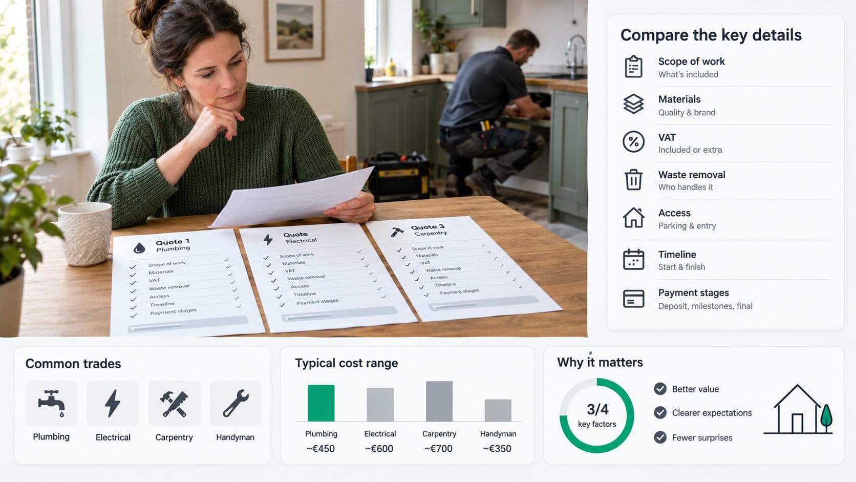 An infographic for a home services article about comparing tradesman quotes in Ireland, showing a homeowner reviewing th