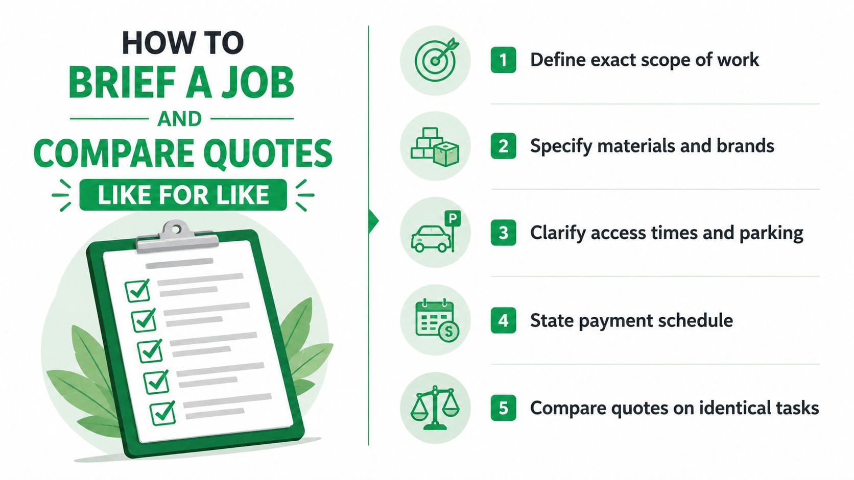 An infographic titled How to Brief a Job and Compare Quotes with five numbered steps shown.