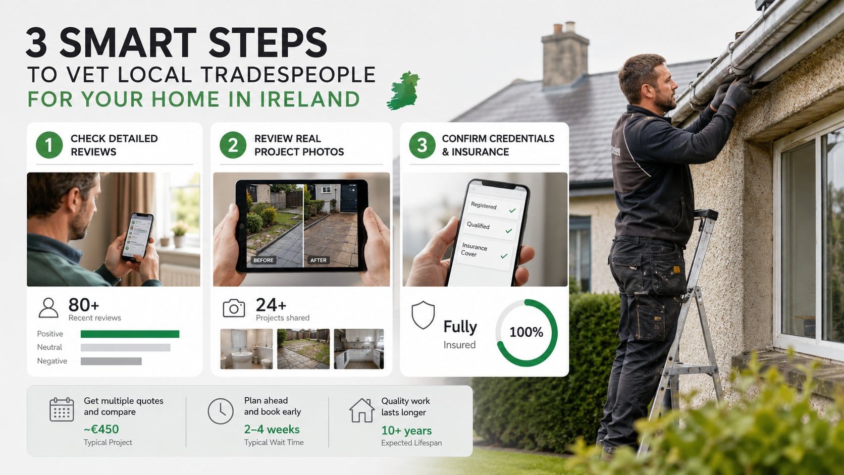 An infographic for homeowners in Ireland showing three practical steps to vet local tradespeople: checking detailed revi