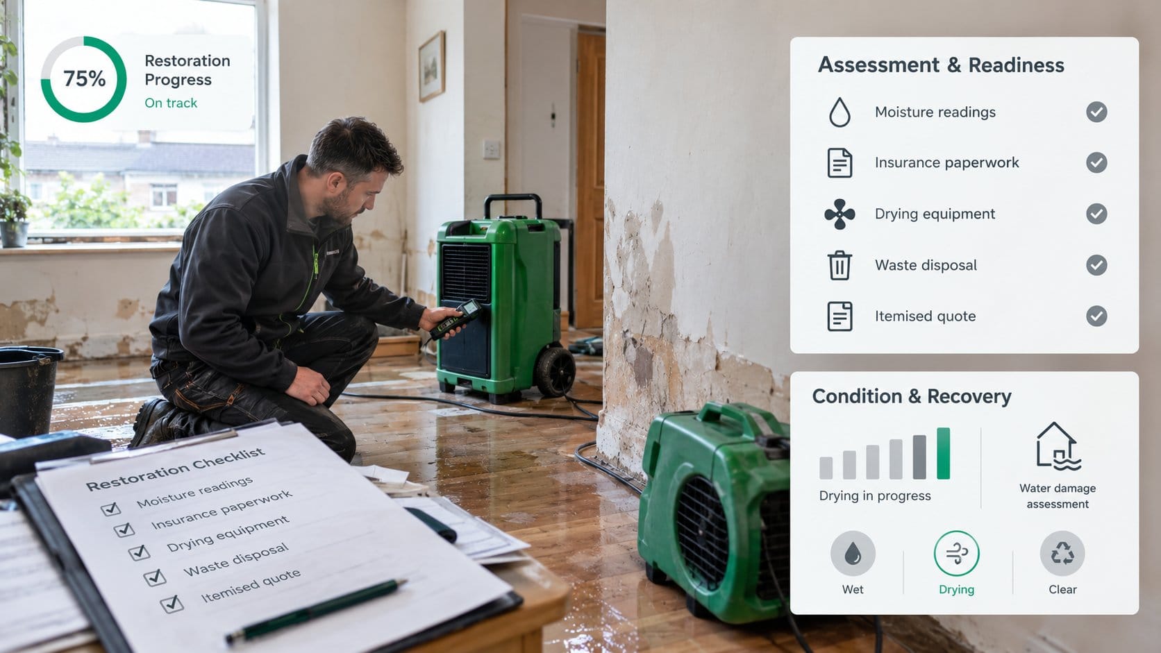 A practical flood restoration hiring checklist scene for Irish homeowners, showing a contractor reviewing moisture readi