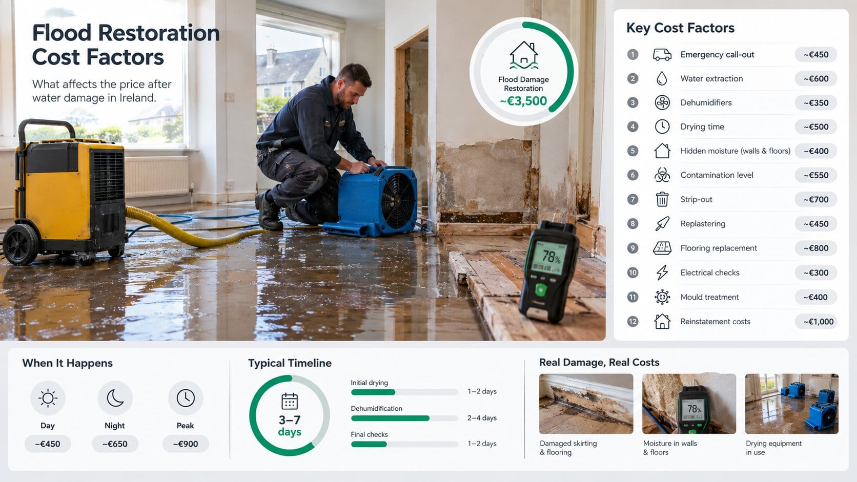 An infographic for a flood restoration pricing section in Ireland, showing the main cost factors after water damage: eme