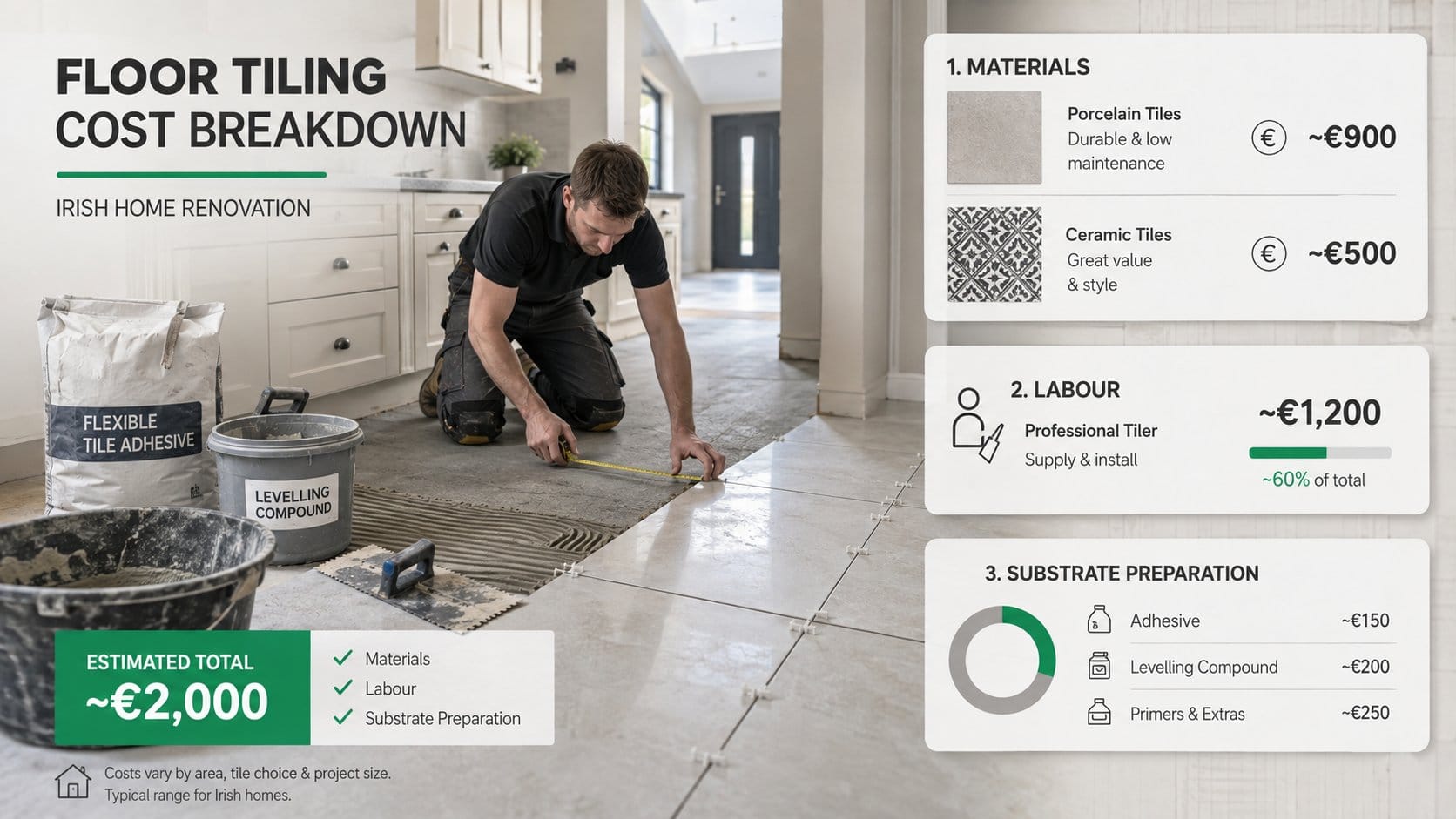 A clear floor tiling cost breakdown for an Irish home renovation, showing porcelain and ceramic floor tiles, a tiler mea
