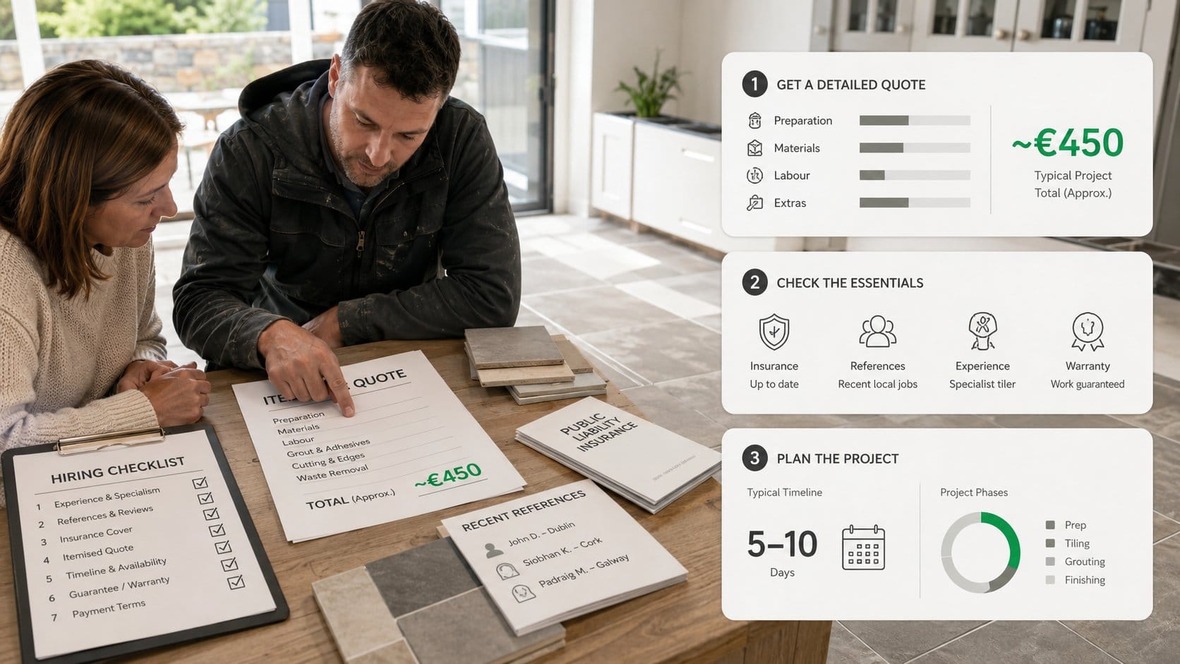 A practical homeowner hiring checklist for choosing a floor tiler in Ireland, showing a homeowner reviewing an itemised