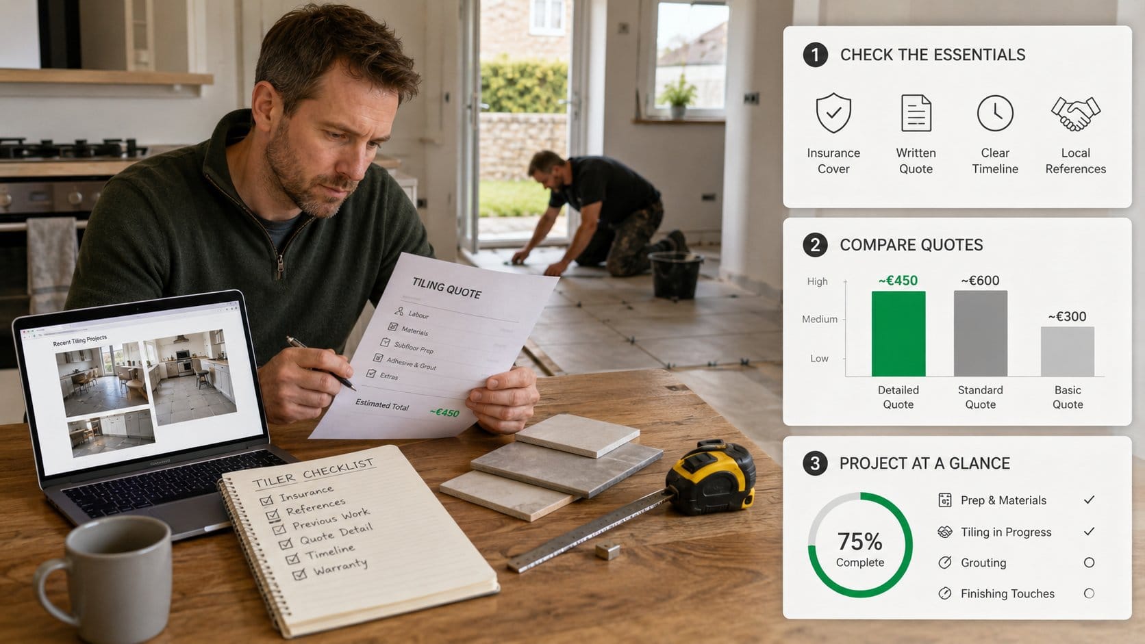 A practical homeowner hiring checklist scene for choosing a floor tiler in Ireland, showing a homeowner at a kitchen or
