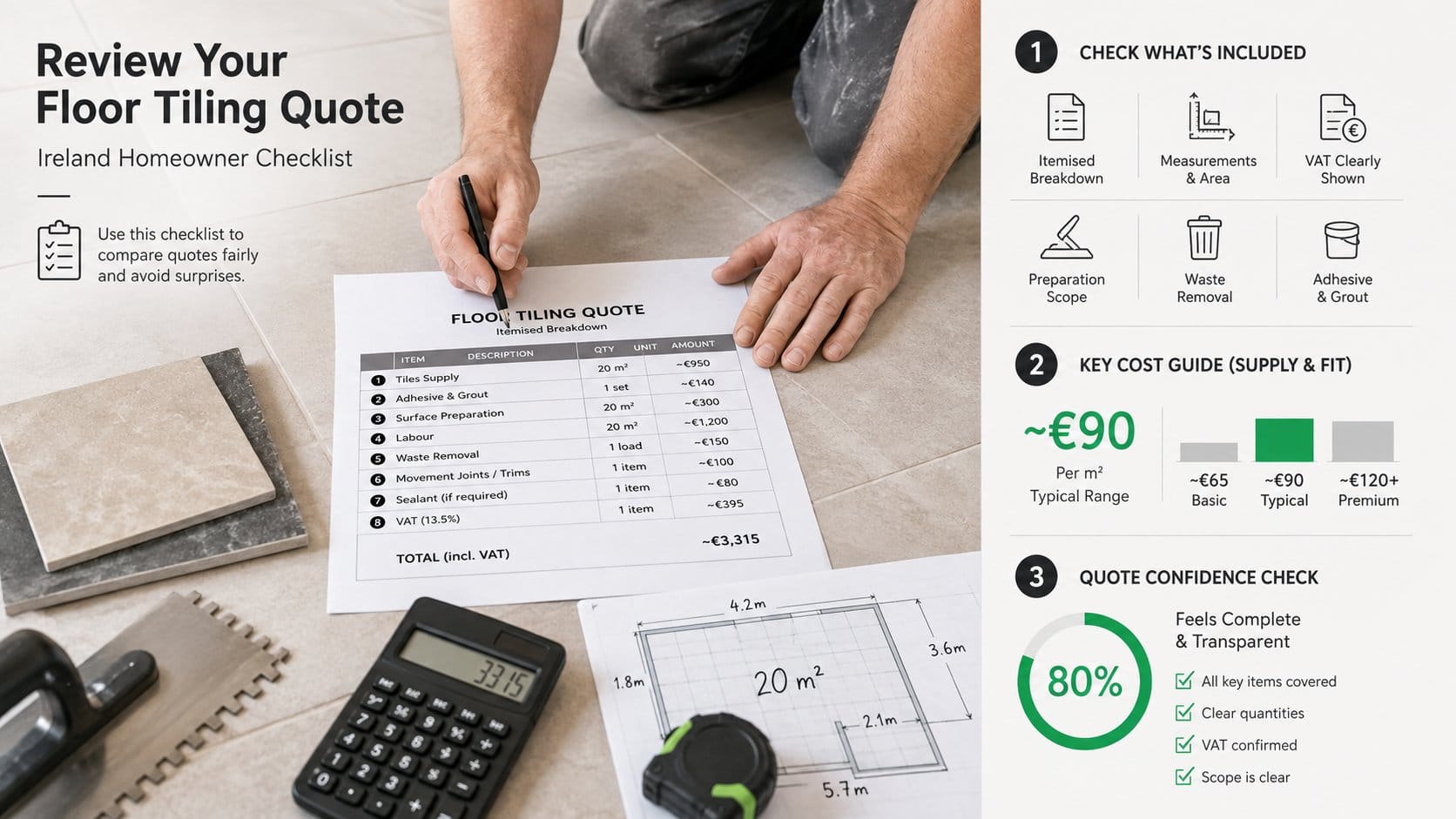 A clear homeowner checklist infographic for reviewing a floor tiling quote in Ireland, showing a printed itemised quote,