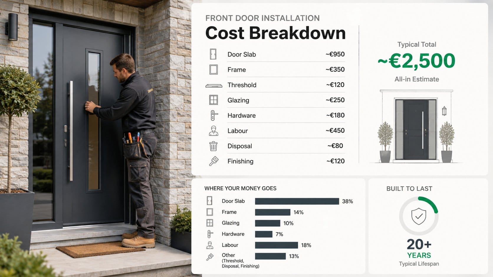 An infographic for Irish homeowners showing the cost breakdown of a front door installation, with clear sections for doo