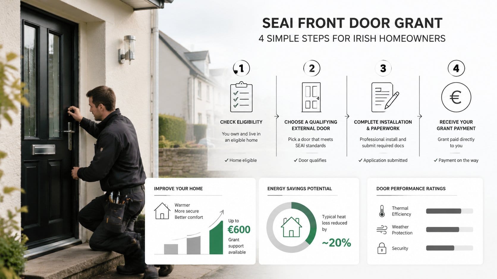 A clear infographic for Irish homeowners showing the SEAI front door grant process in four simple steps: checking eligib