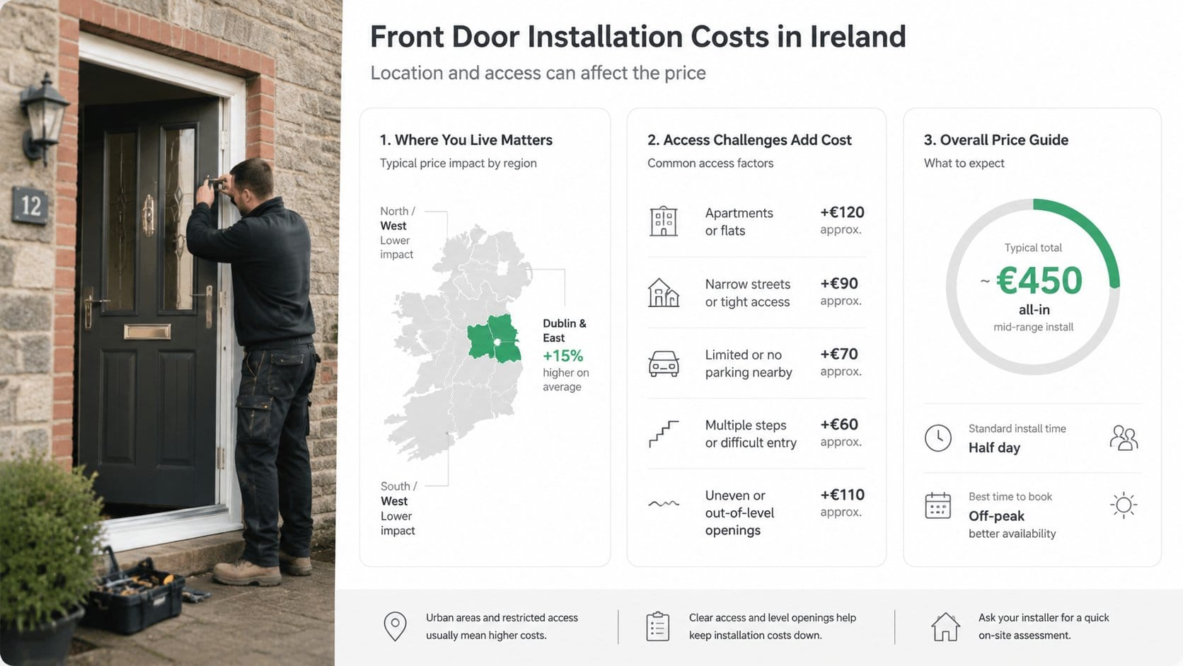 Infographic for Irish homeowners showing how location and property access affect front door installation prices, featuri