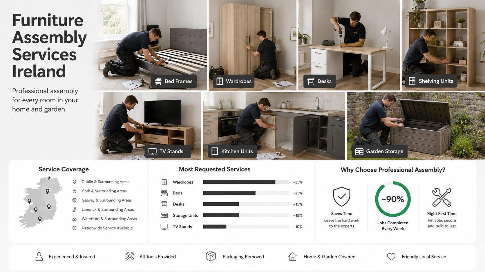 A clear home infographic scene showing the range of furniture assembly services in Ireland, including a wardrobe, bed fr