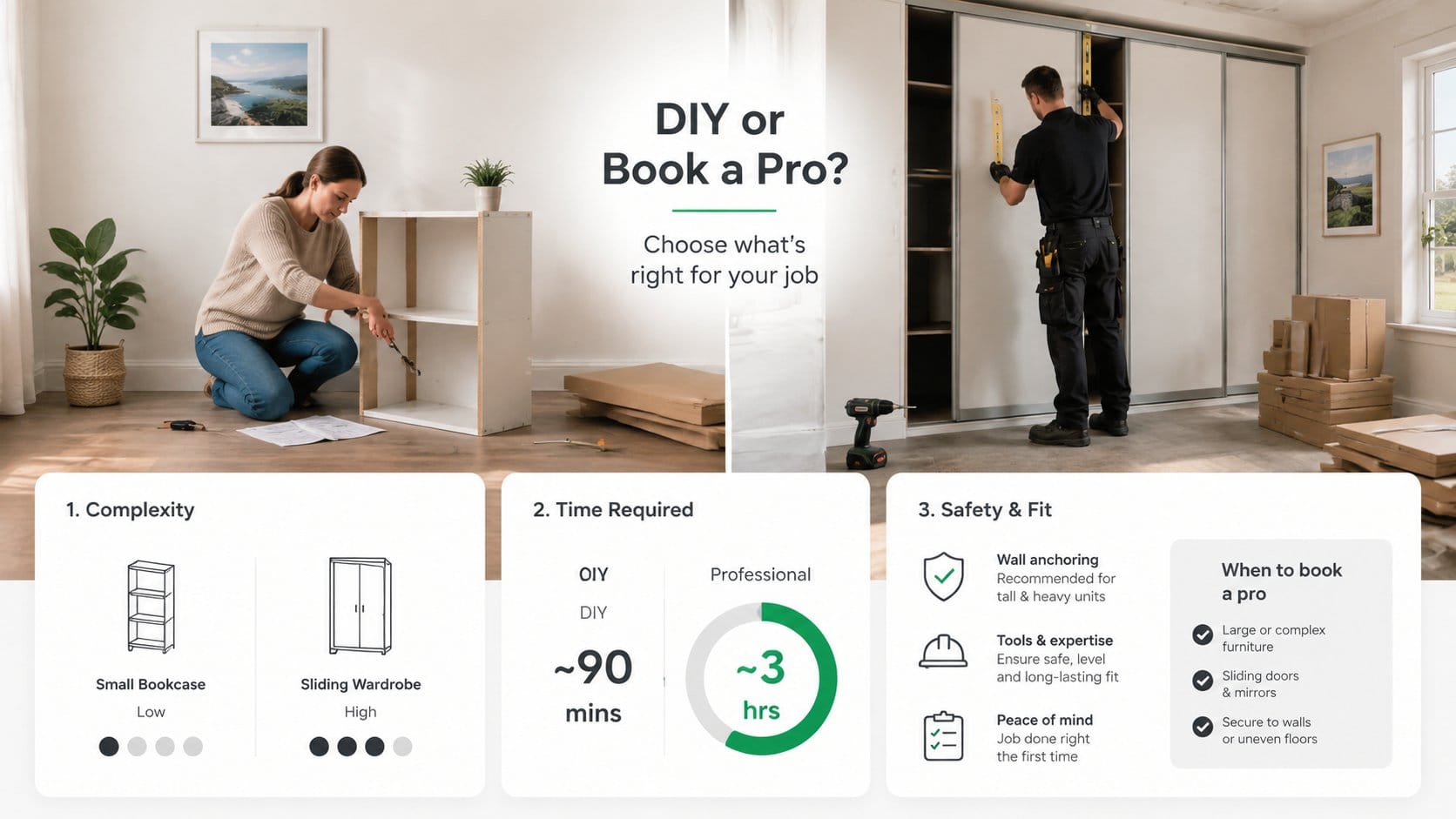 A clear comparison scene for a furniture assembly guide in Ireland, showing two side-by-side home setups. On one side, a