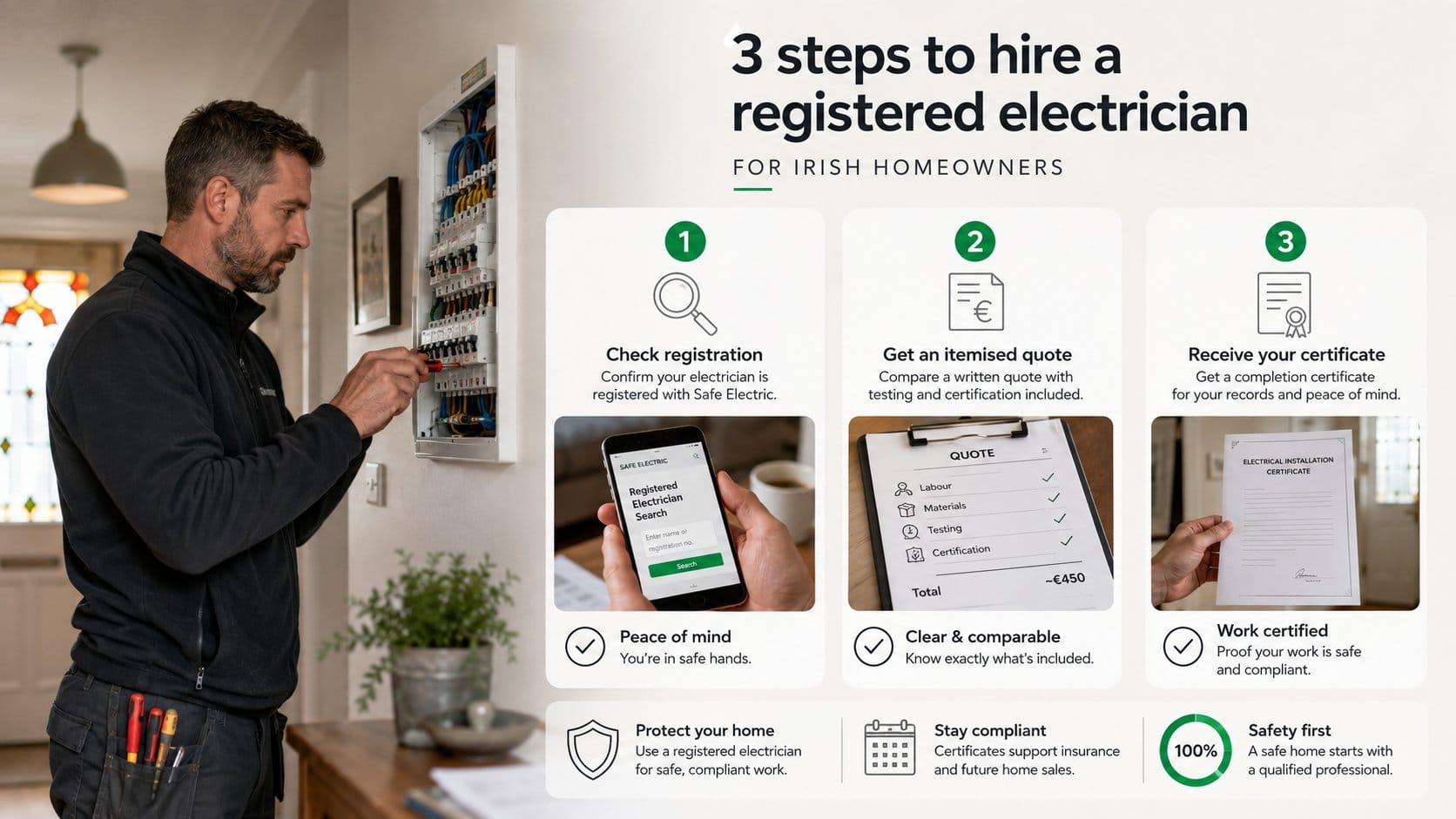 An infographic for Irish homeowners showing three steps to hire a registered electrician: checking Safe Electric registr