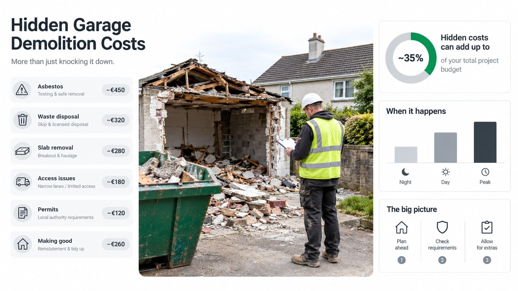 An infographic for the section about hidden garage demolition costs in Ireland, showing a partially demolished residenti