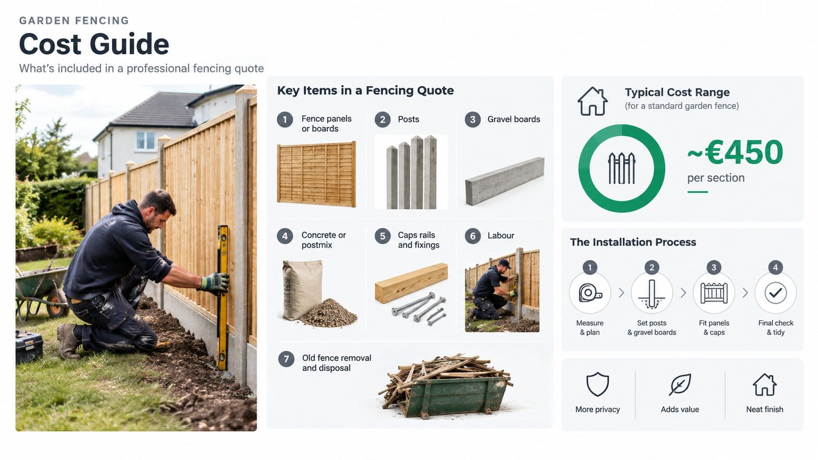 An infographic for a garden fencing cost guide showing the key items included in a professional fencing quote in Ireland