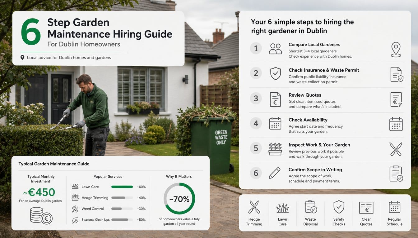 A clear six step garden maintenance hiring guide for a Dublin homeowner, showing a person comparing local gardeners, che