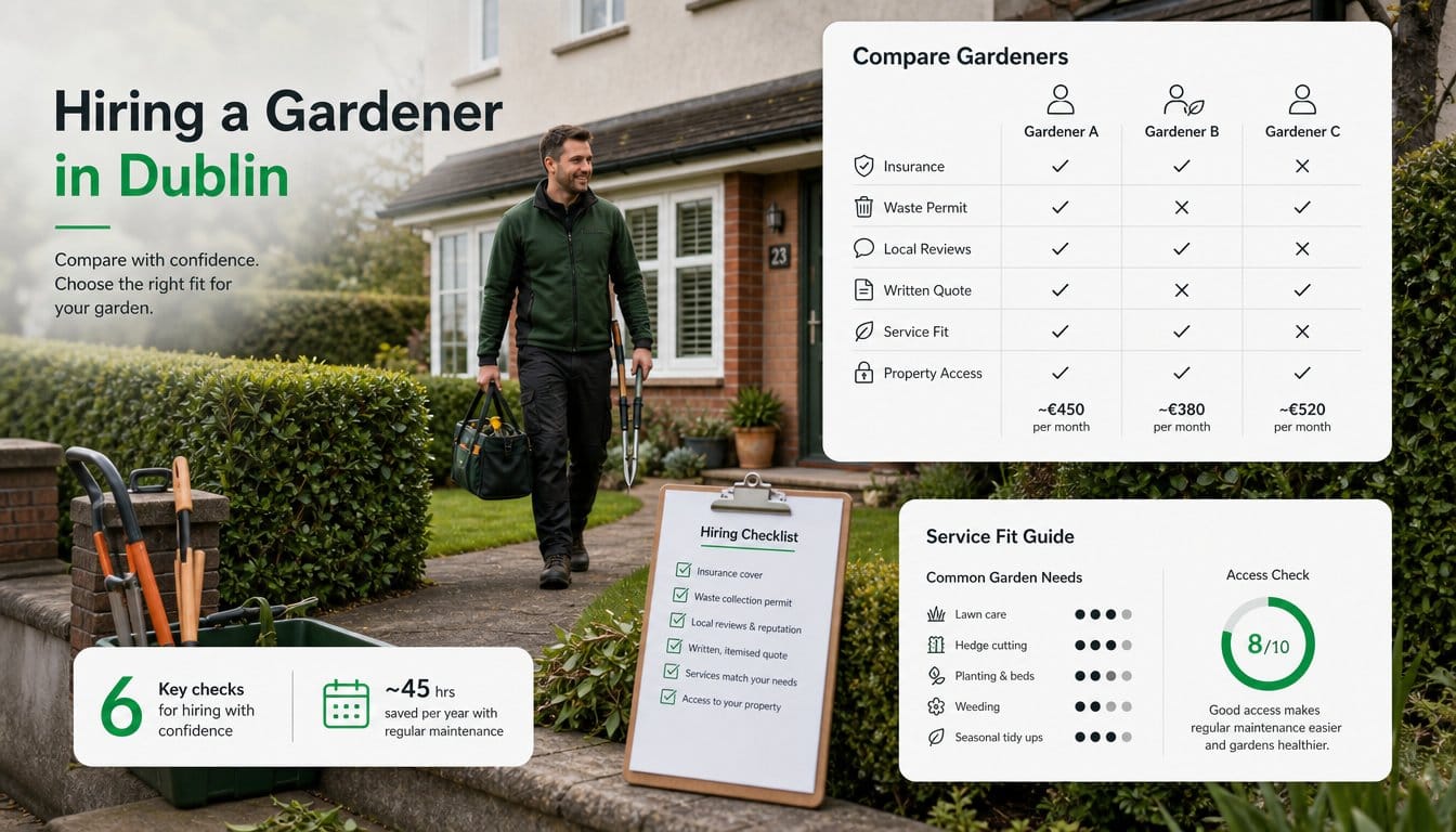 An infographic for a Dublin garden maintenance hiring section, showing a homeowner comparing gardeners with clear visual
