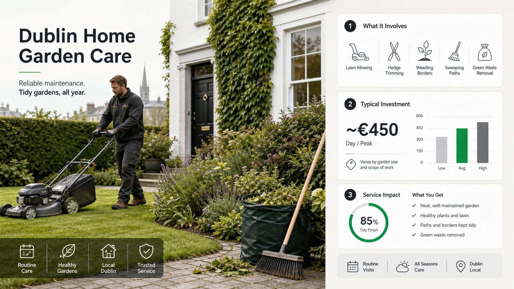 A clear, practical garden maintenance infographic for a Dublin home garden, showing core routine tasks such as lawn mowi