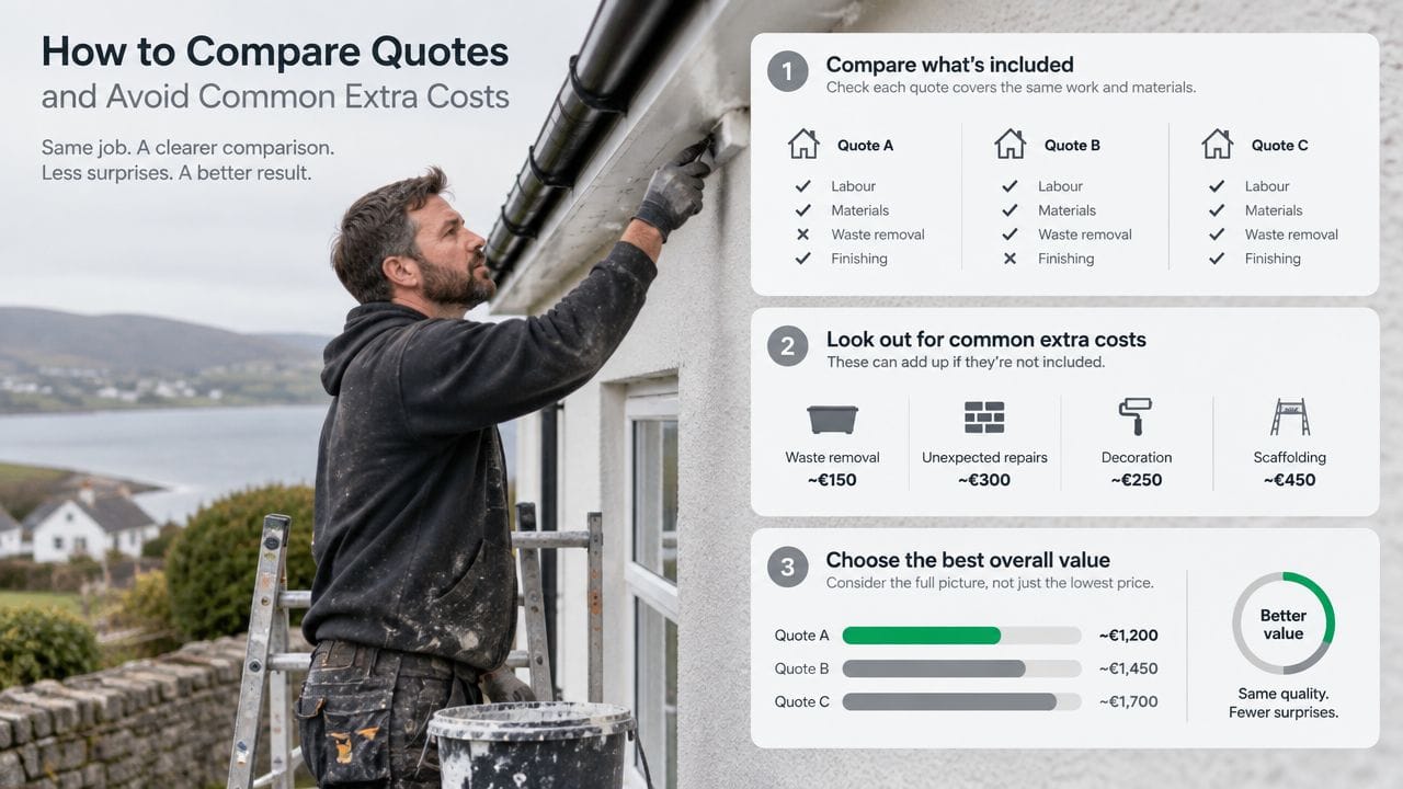 A professional builder fixing a wall, illustrating steps for comparing home improvement quotes to avoid hidden costs.