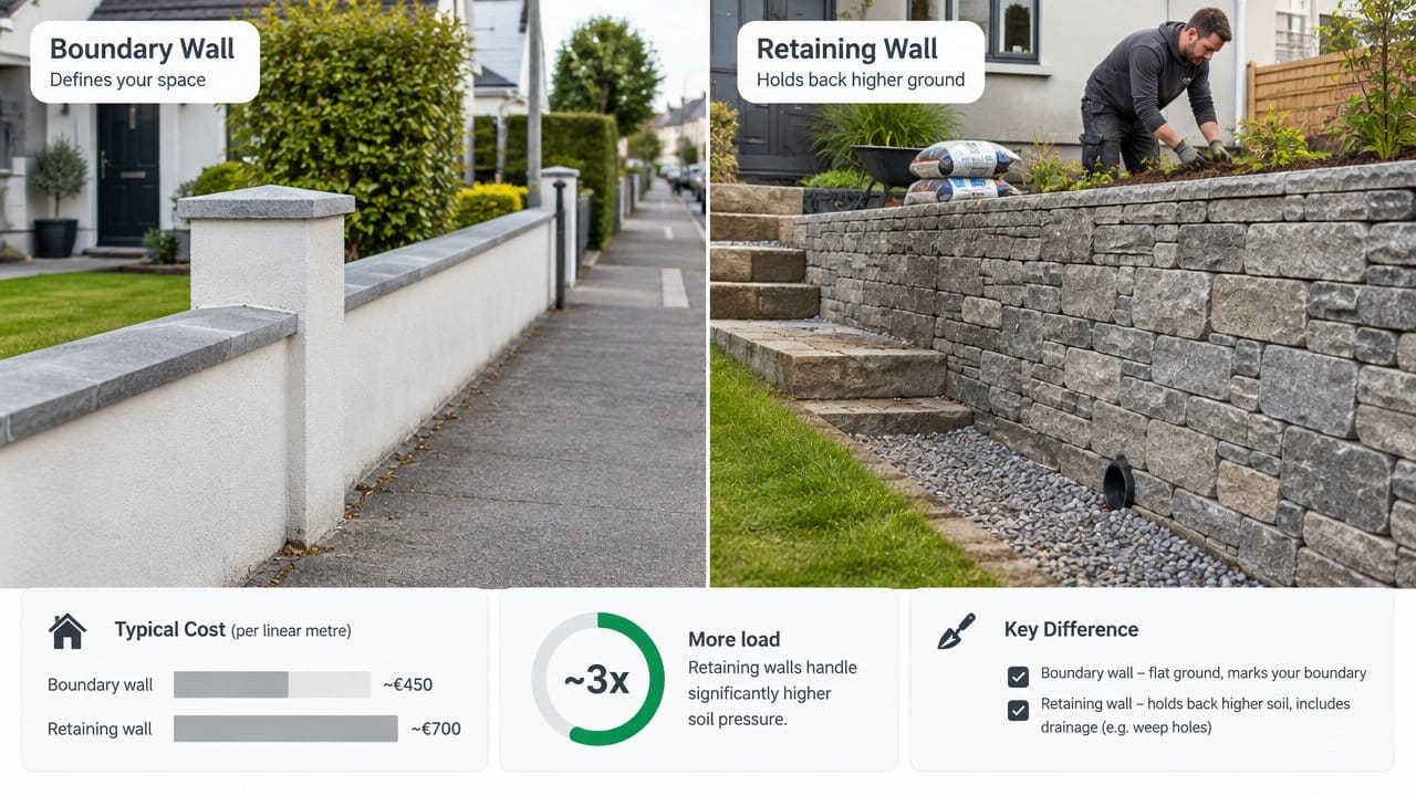 A clear comparison scene showing two adjacent Irish garden wall setups, one a simple boundary wall along a flat garden e