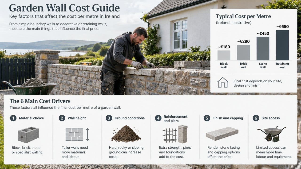 An infographic for a garden wall cost guide in Ireland, showing six main cost drivers that affect the final cost per met