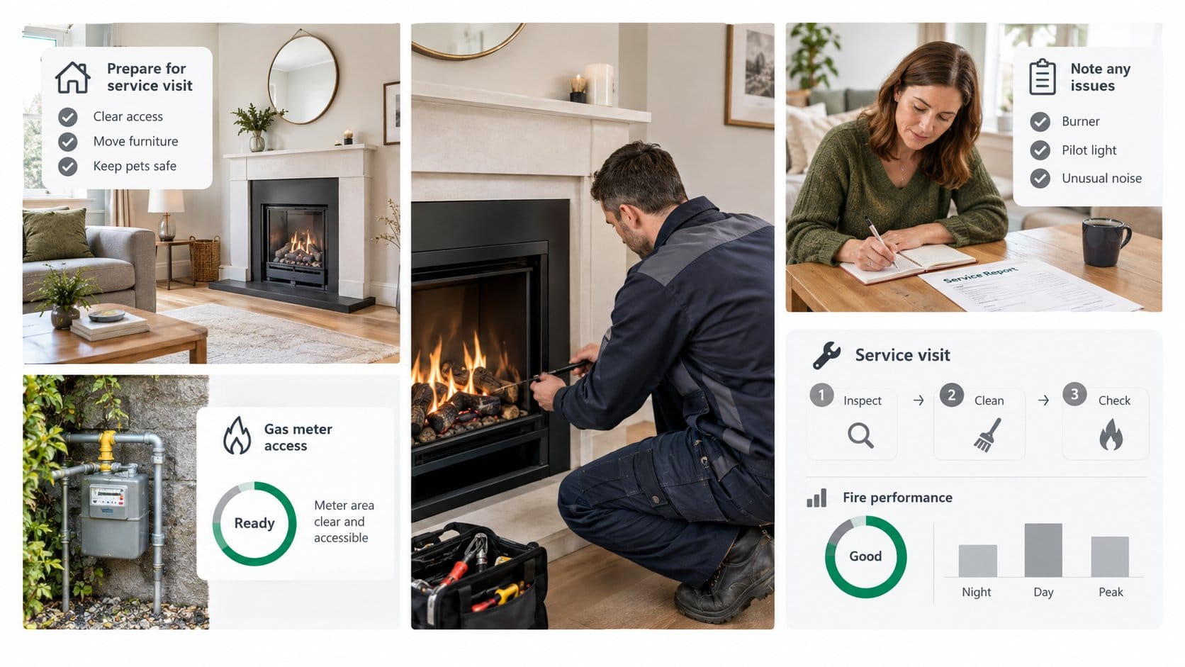 A clear home maintenance scene showing preparation for a gas fireplace service visit and follow-up checks after the engi