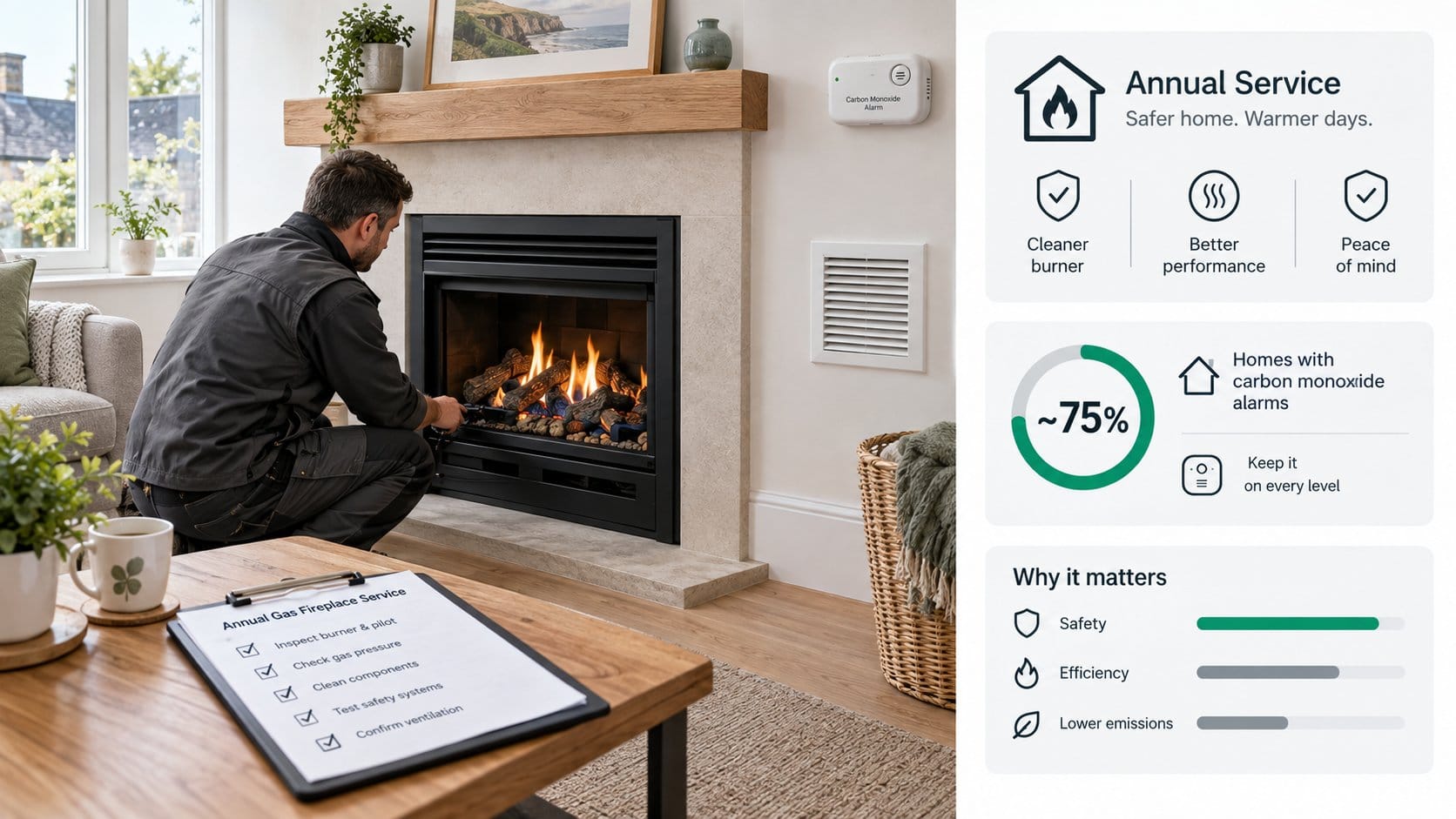 An informative home safety scene for the annual gas fireplace service section in an Irish home, showing a domestic gas f