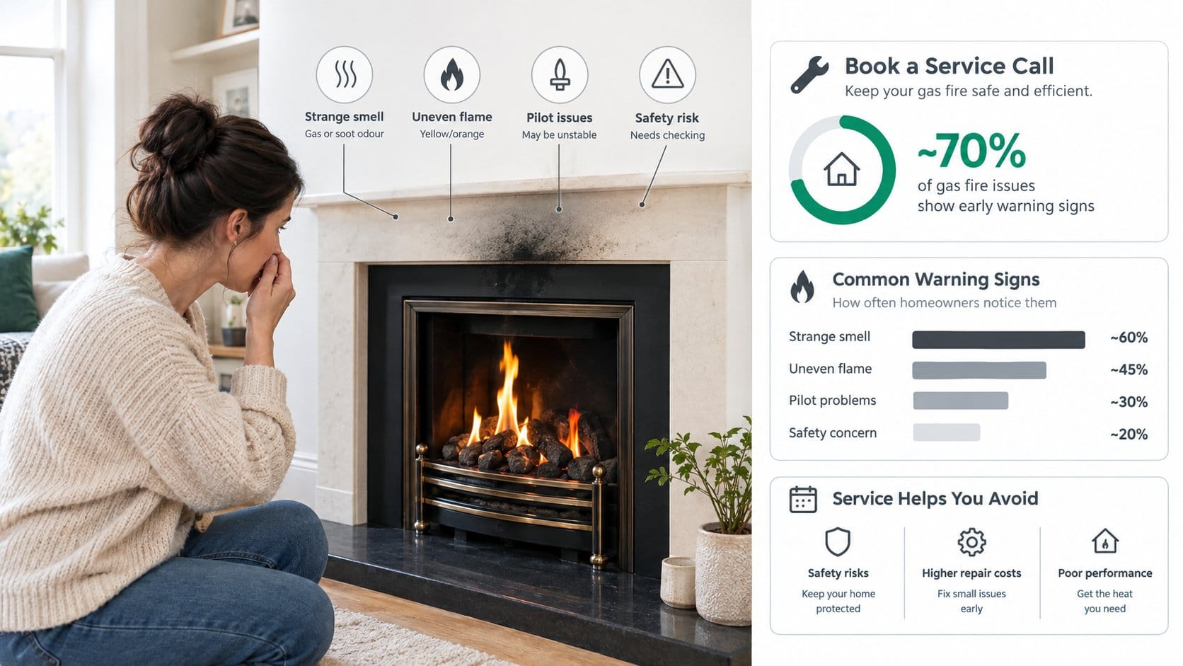 An informative scene showing warning signs that a domestic gas fireplace needs an earlier service call in an Irish home,