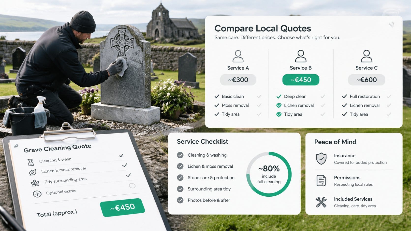 An informative visual for comparing local grave cleaning quotes in Ireland, showing a respectful cemetery setting with a