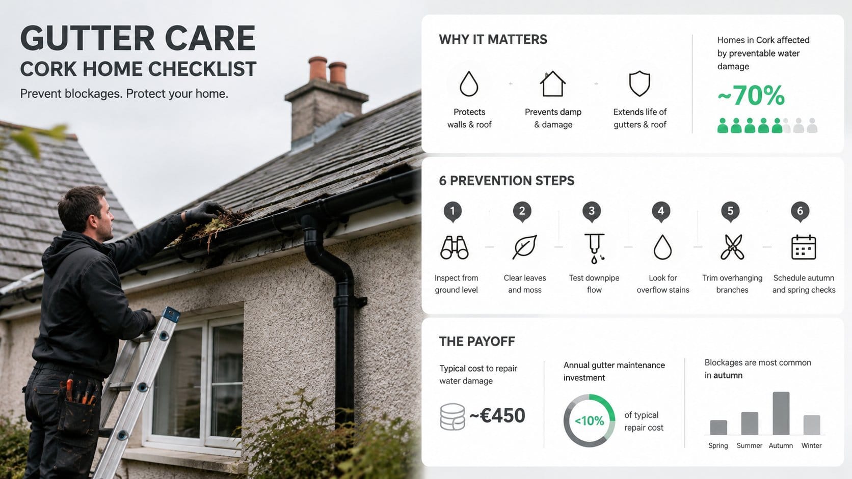 A homeowner-focused maintenance infographic about gutter care for a Cork home, showing a house exterior with roof gutter