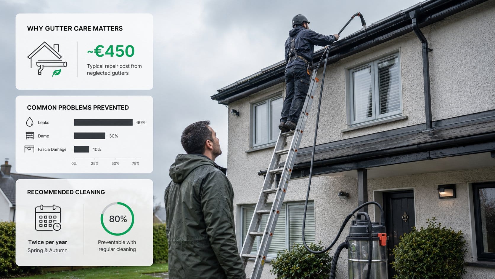 A homeowner standing safely at ground level looking up at roof gutters on a damp day, while a professional gutter cleani