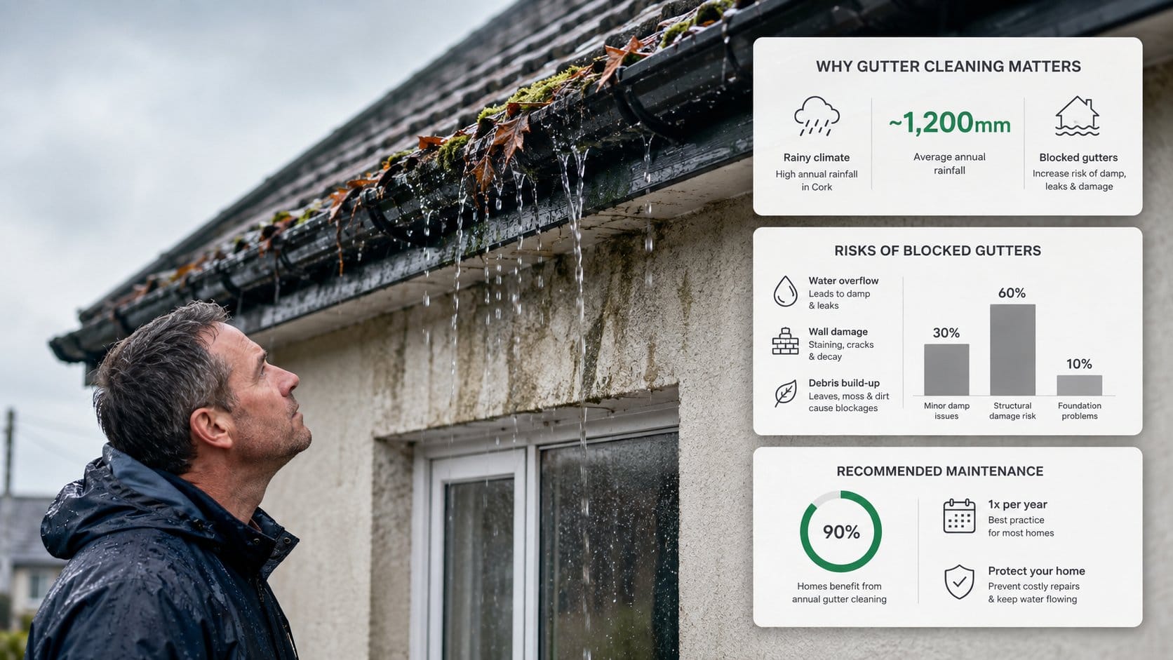 A homeowner in Cork looking up at overflowing roof gutters on a wet day, with leaves, moss and debris visible in the gut
