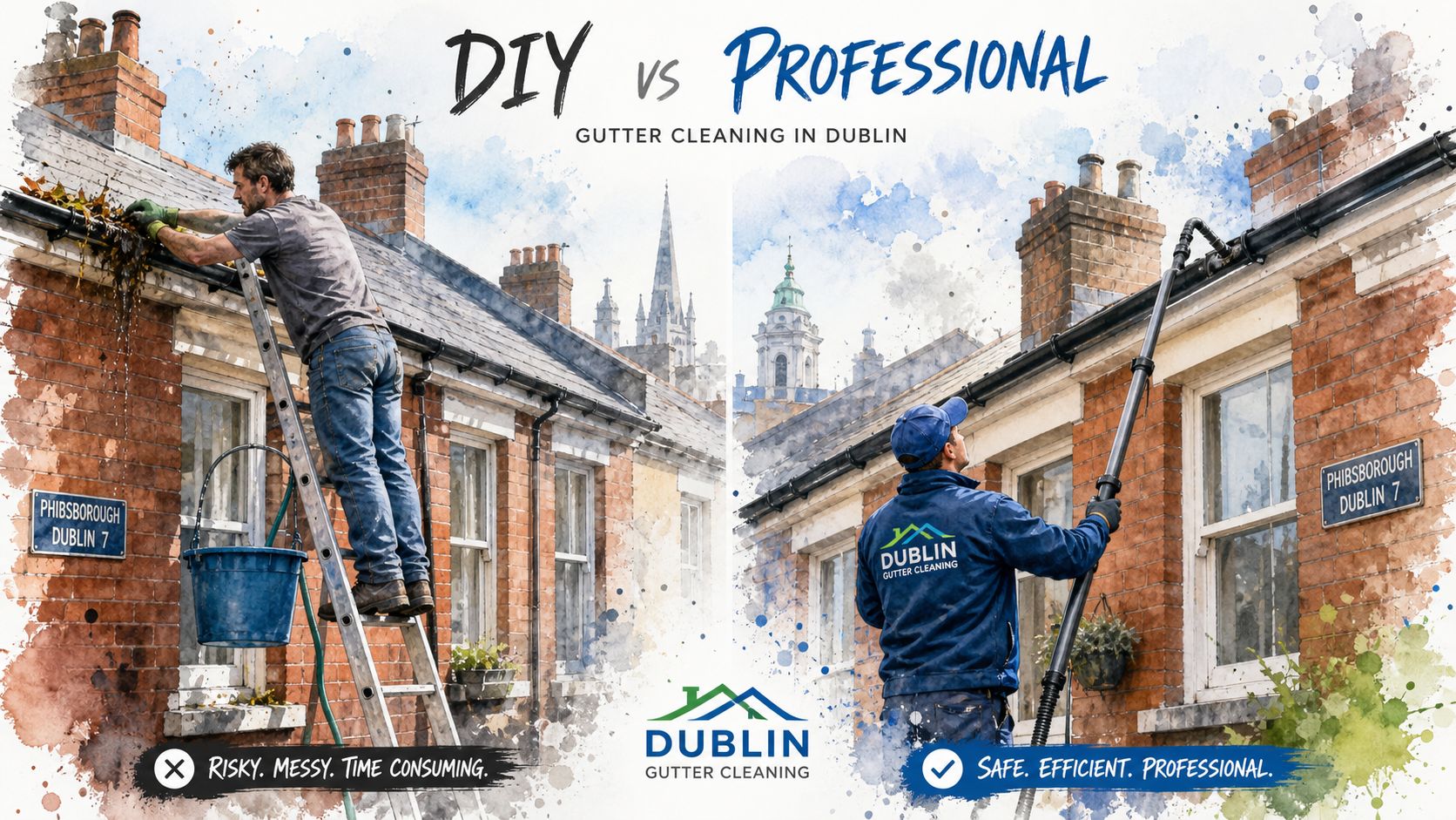A comparison showing risky DIY gutter cleaning versus safe, professional vacuum gutter cleaning services in Dublin.