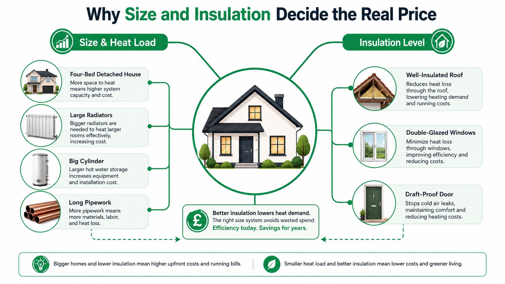 An infographic showing how property size and home insulation levels impact heat pump system costs and efficiency.