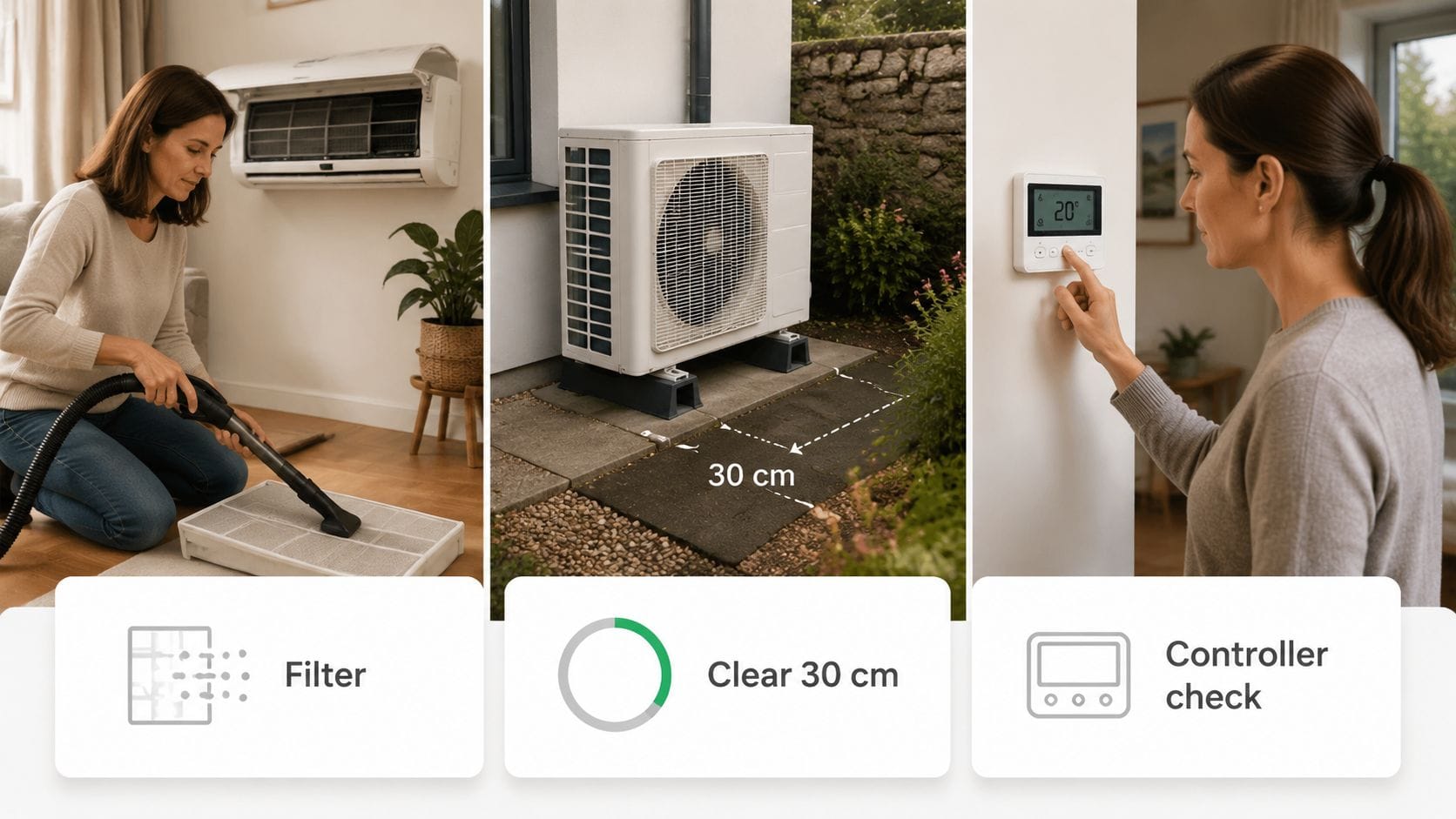 A woman cleaning a heat pump filter, a clear outdoor unit installation, and a wall-mounted controller check.