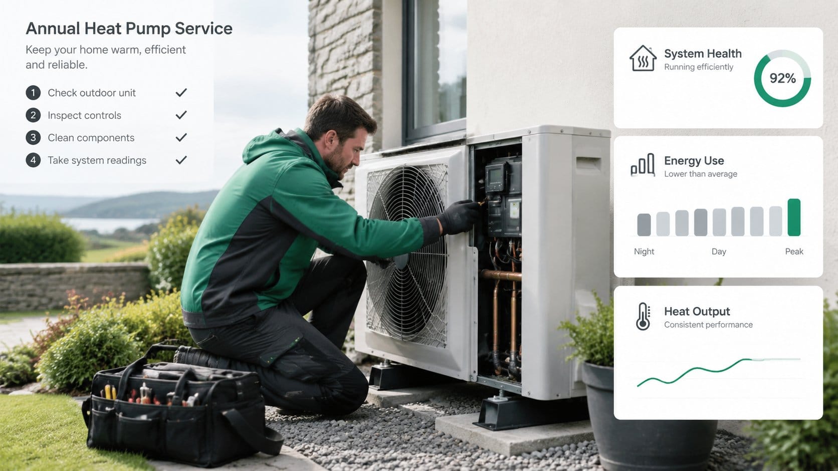 An informative scene showing a professional technician carrying out an annual residential heat pump service, with clear
