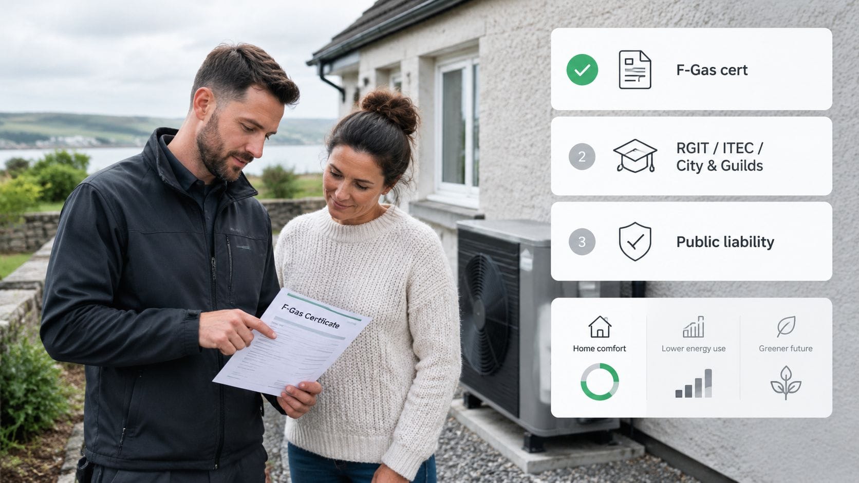 A technician shows an F-Gas certificate to a female homeowner standing beside an outdoor heat pump unit.