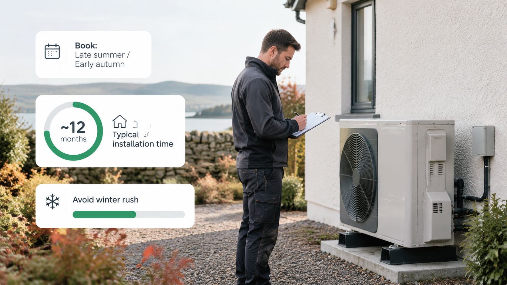 A technician inspects a residential heat pump unit outdoors during late summer to avoid winter rush.
